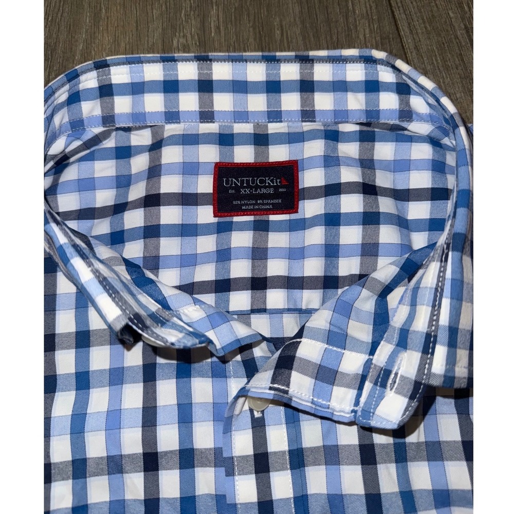 UNTUCKit Mens XXL Blue White Check Performance Stretch Button Down Shirt